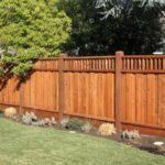 A tall, wooden fence with vertical slats runs through a backyard, bordered by green grass. Various shrubs and small plants are lined at the base of the fence, and a leafy tree partially shades the lawn.