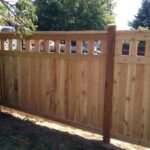 A wooden privacy fence with vertical planks and a decorative top row of square openings is shown. It stands in a grassy area with trees and bushes nearby, under a sunny sky.